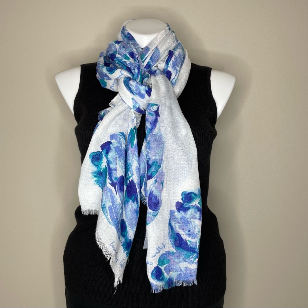 Chic White and Blue/Lavender Print Scarf with Heart Motif